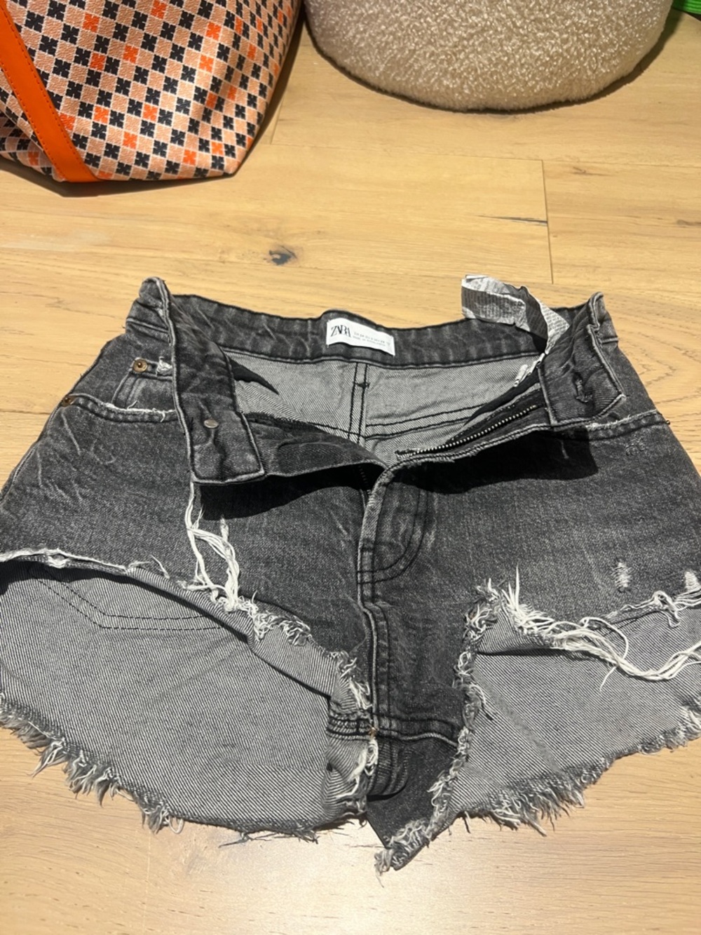 Zara Washed Black Distressed Denim Shorts